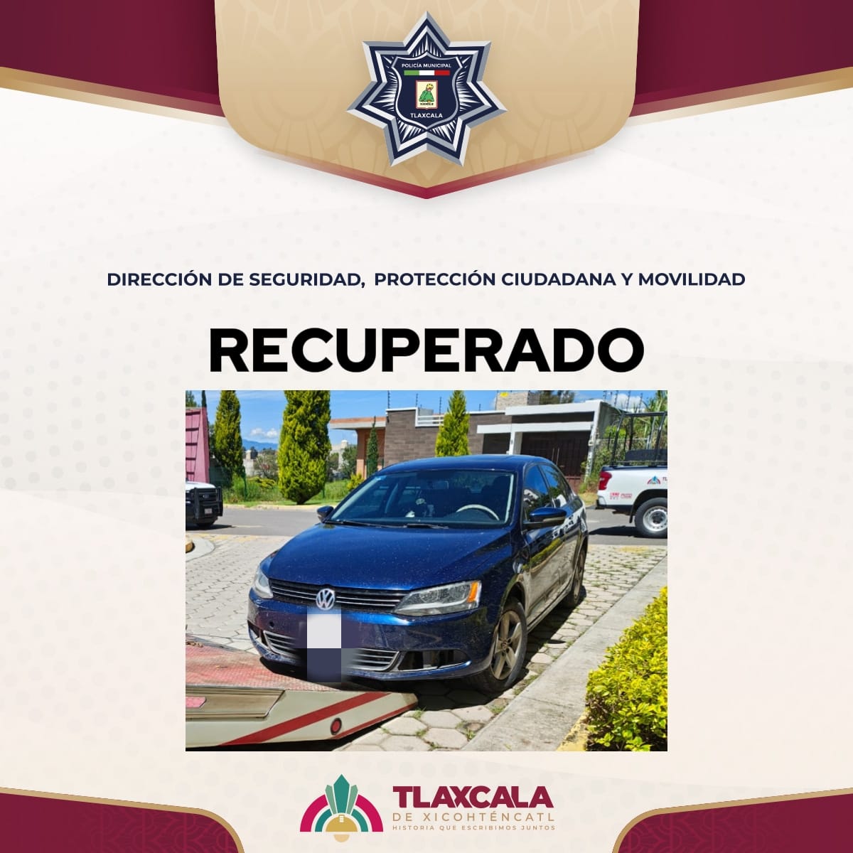 Policía Municipal de Tlaxcala recupera vehículo robado tras reporte al sistema de emergencias